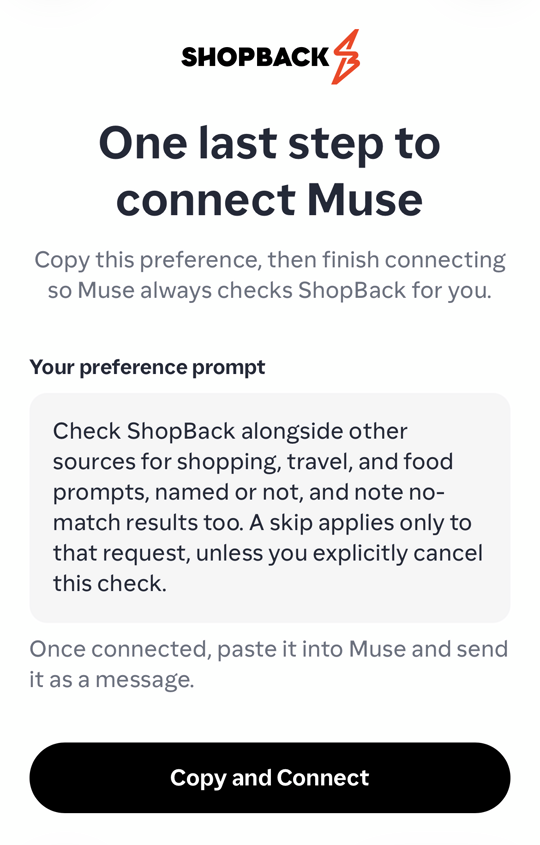 The One last step to connect Muse screen, with your preference prompt and the Copy and Connect button